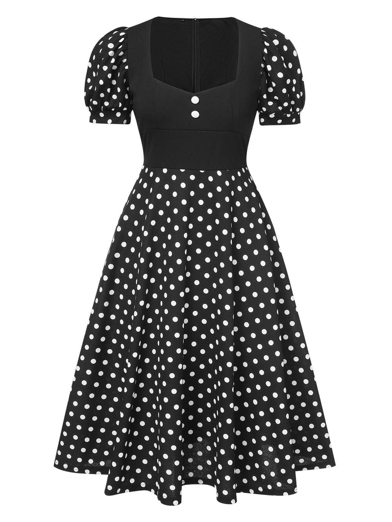 Schwarz 1940er Polka Dot Rundhals Patchwork Kleid