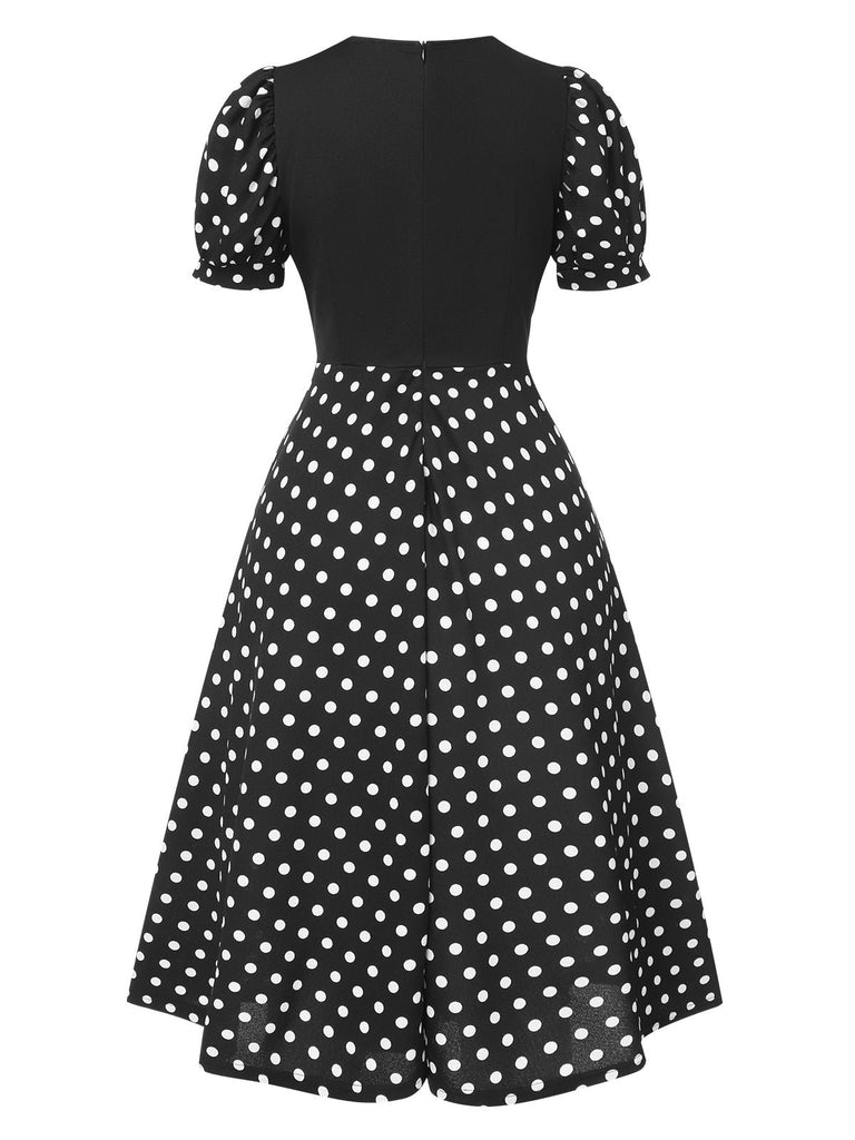 Schwarz 1940er Polka Dot Rundhals Patchwork Kleid