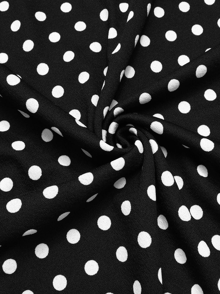 Schwarz 1940er Polka Dot Rundhals Patchwork Kleid