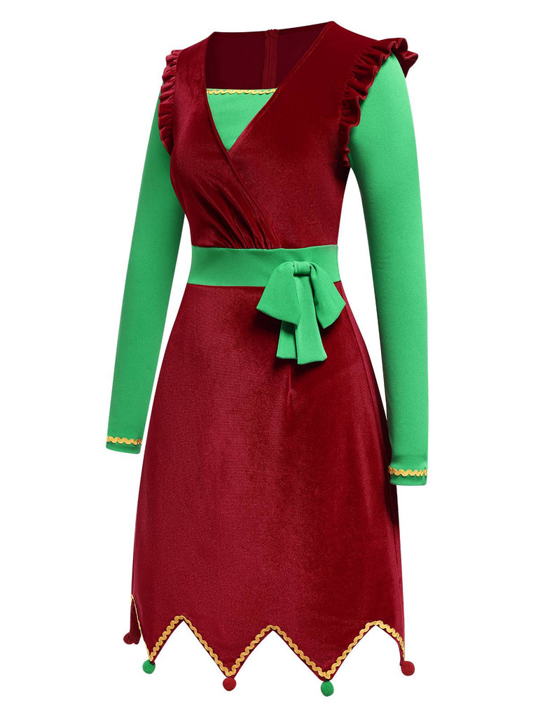 [Vorverkauf] Rot 1960er Weihnachten Wellensaum Kontrast Kleid