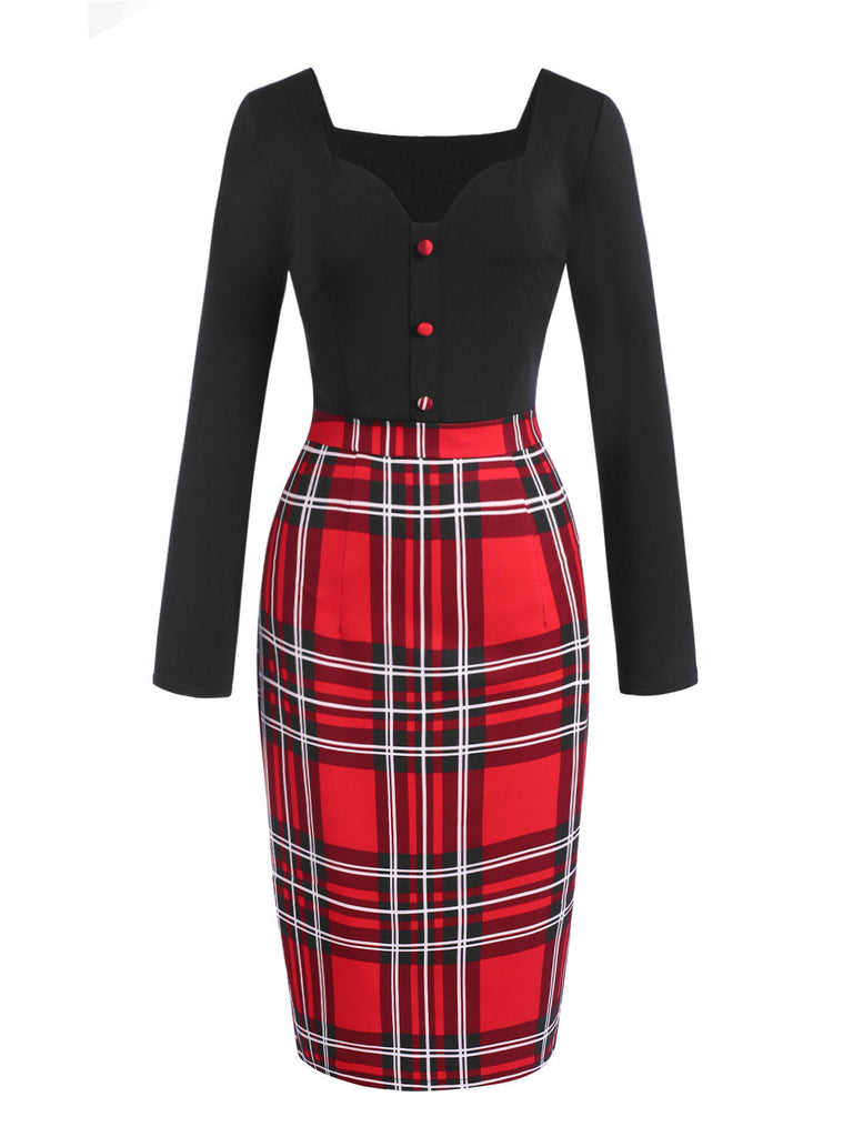 [Vorverkauf] 1960er Tartan Plaid Patchwork Bleistiftkleid