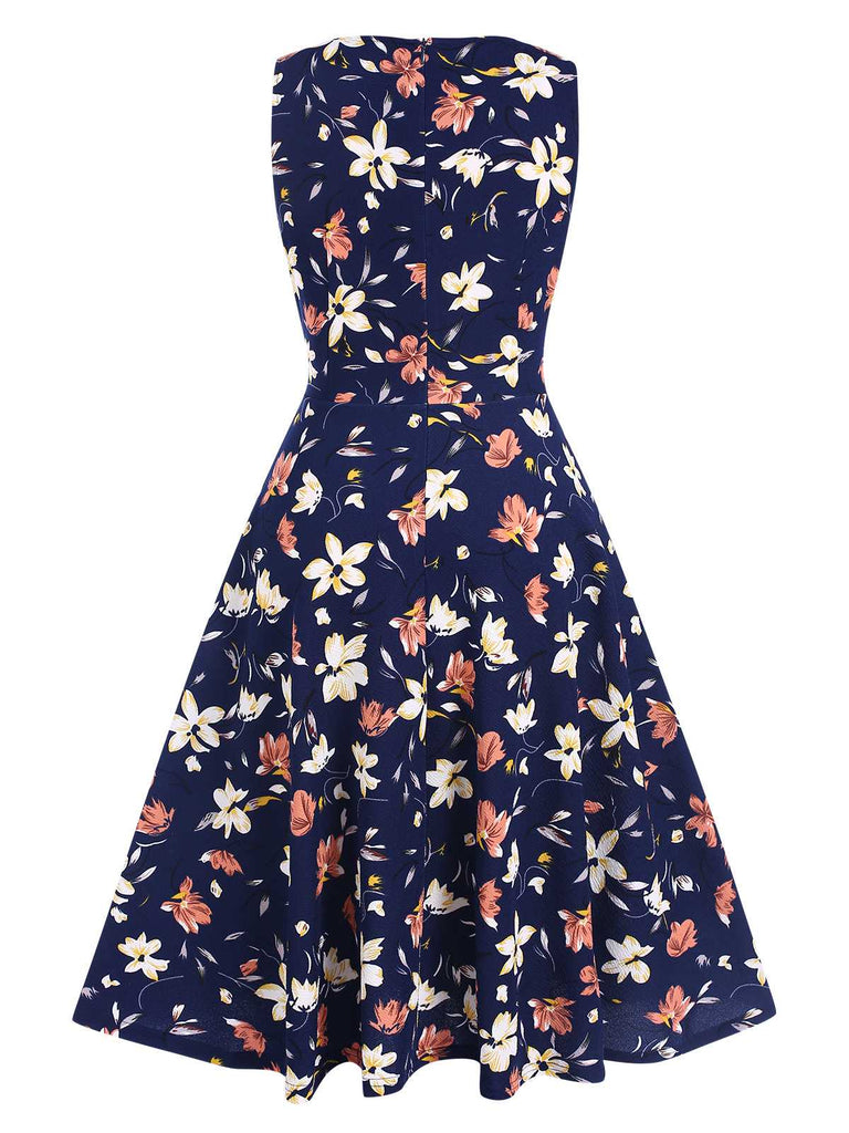 Tiefblau 1940er Blumen Ärmellos Kleid