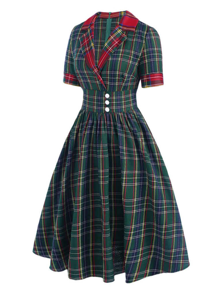 [Vorverkauf] Grün 1950er Revers Scottish Plaid Kleid