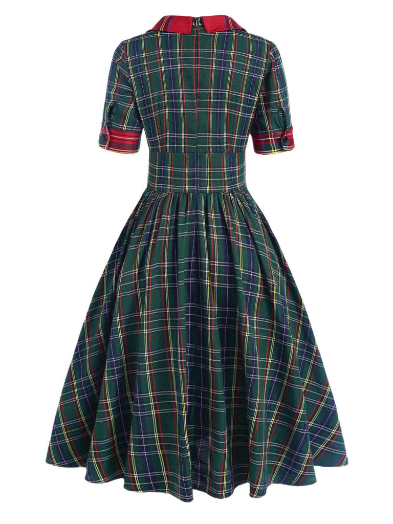 [Vorverkauf] Grün 1950er Revers Scottish Plaid Kleid