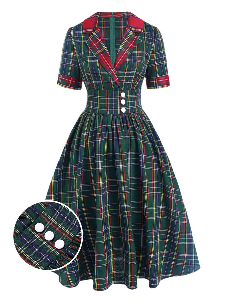 [Vorverkauf] Grün 1950er Revers Scottish Plaid Kleid