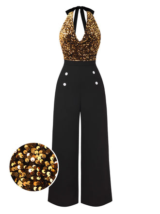 Gold 1930er Wasserfallausschnitt Pailletten Glitze Jumpsuit