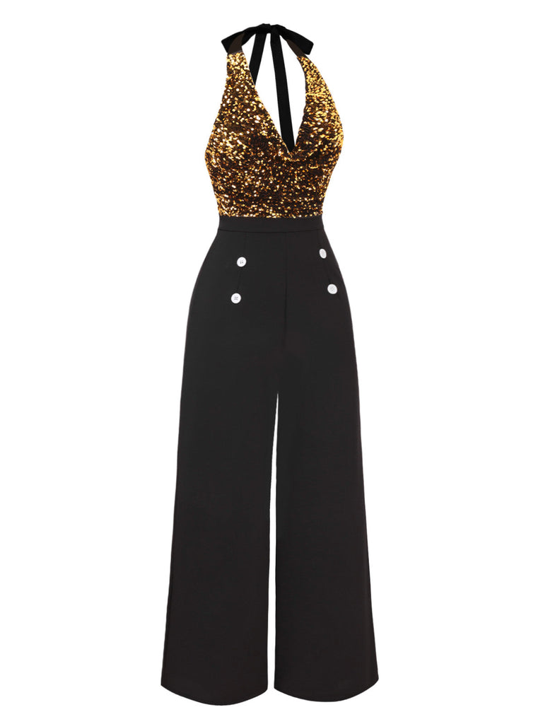 [Vorverkauf] Gold 1930er Wasserfallausschnitt Pailletten Jumpsuit