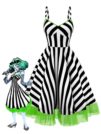 Beetlejuice Kostüm Gothic 1950er Streifen Fluoreszierend Grün Spitze Kleid
