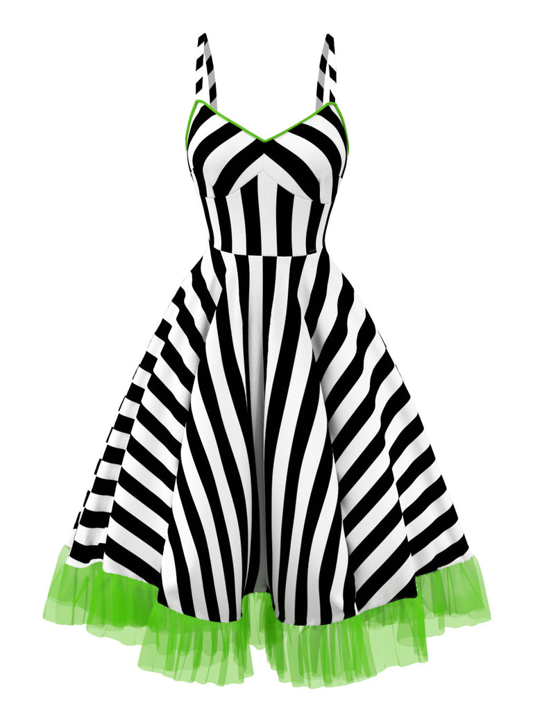 Beetlejuice Kostüm Halloween 1950er Streifen Fluoreszierend Grün Spitze Kleid