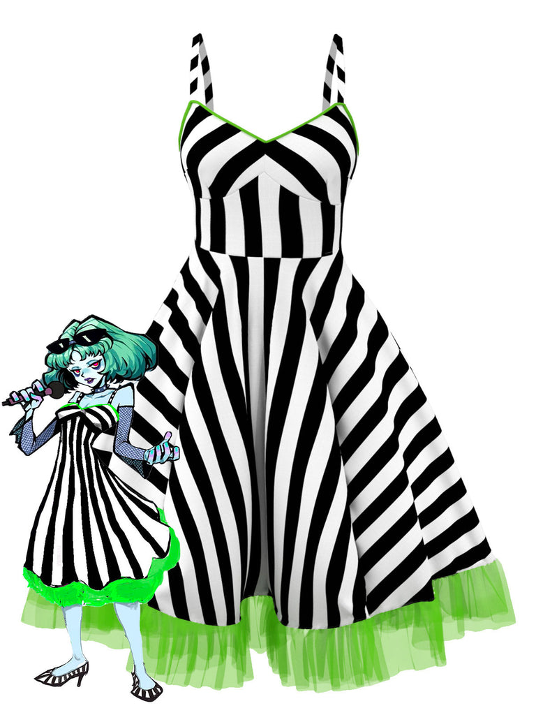 [Übergröße] Schwarz & Weiß 1950er Beetlejuice Streifen Fluoreszierend Grün Spitze Kleid