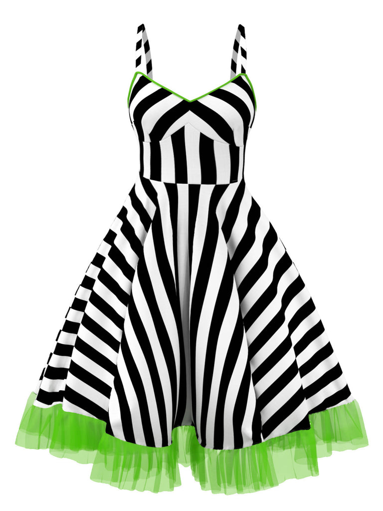 [Übergröße] Schwarz & Weiß 1950er Beetlejuice Streifen Fluoreszierend Grün Spitze Kleid