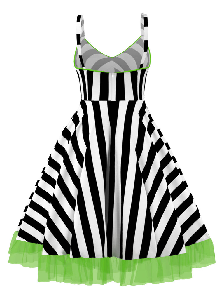 [Übergröße] Schwarz & Weiß 1950er Beetlejuice Streifen Fluoreszierend Grün Spitze Kleid