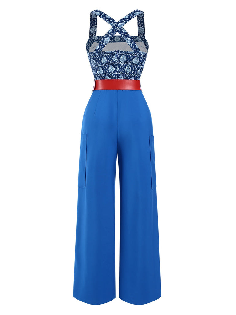 [Vorverkauf] Blau 1970er Baroque Muster Tasche Jumpsuit