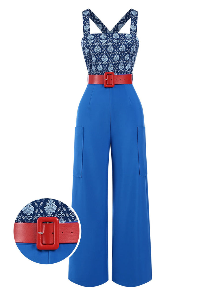 [Vorverkauf] Blau 1970er Baroque Muster Tasche Jumpsuit