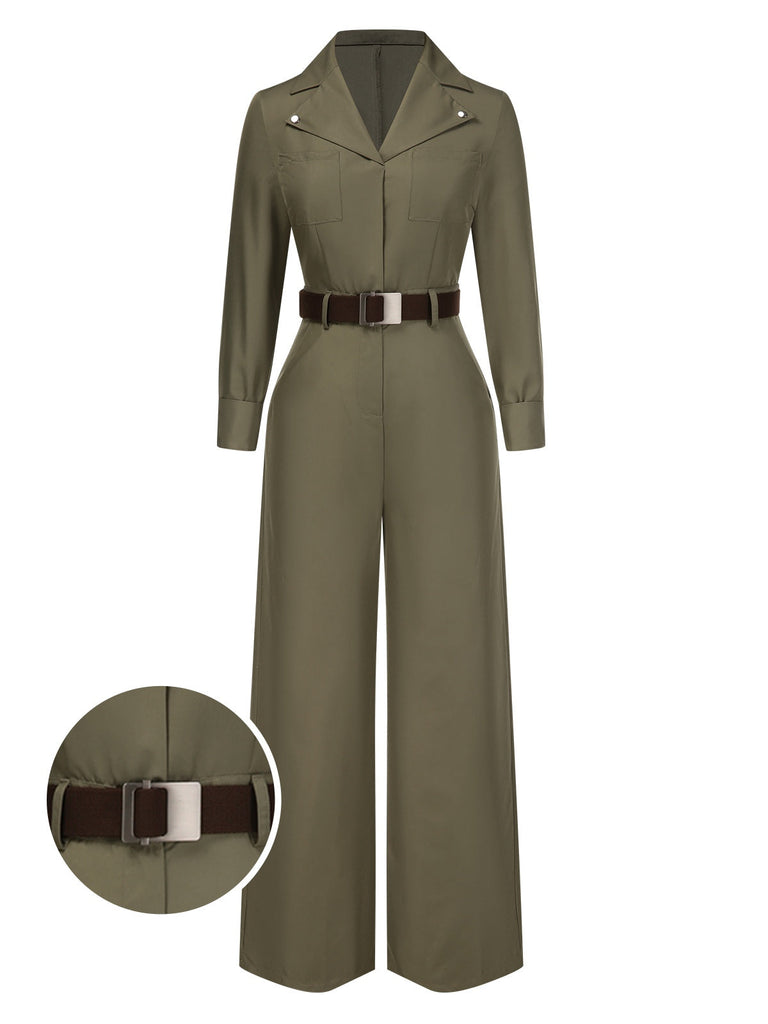 [Vorverkauf] Grün 1930er Solide Revers Gürtel Jumpsuit