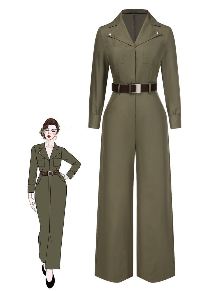 [Vorverkauf] Grün 1930er Solide Revers Gürtel Jumpsuit