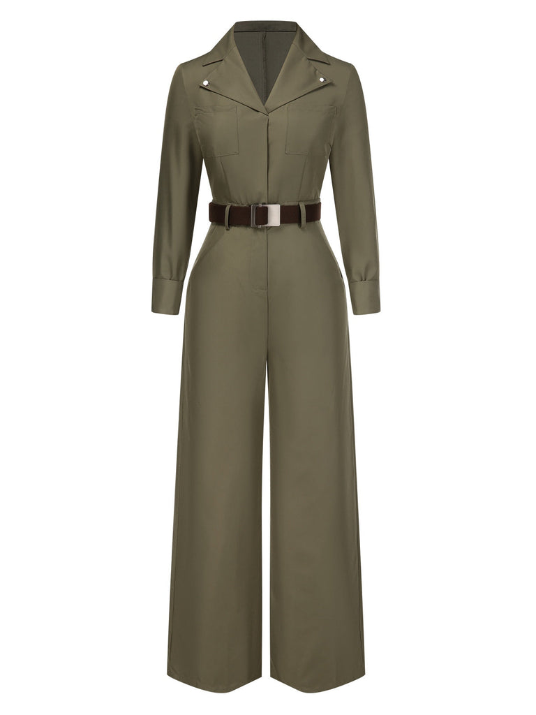 [Vorverkauf] Grün 1930er Solide Revers Gürtel Jumpsuit