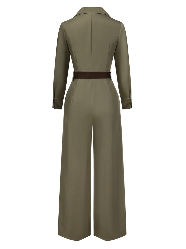 [Vorverkauf] Grün 1930er Solide Revers Gürtel Jumpsuit