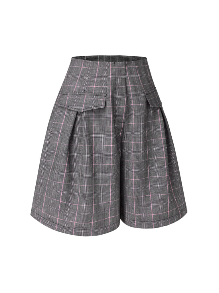 [Vorverkauf] Grau 1950er Pattentaschen Glen Plaid Shorts