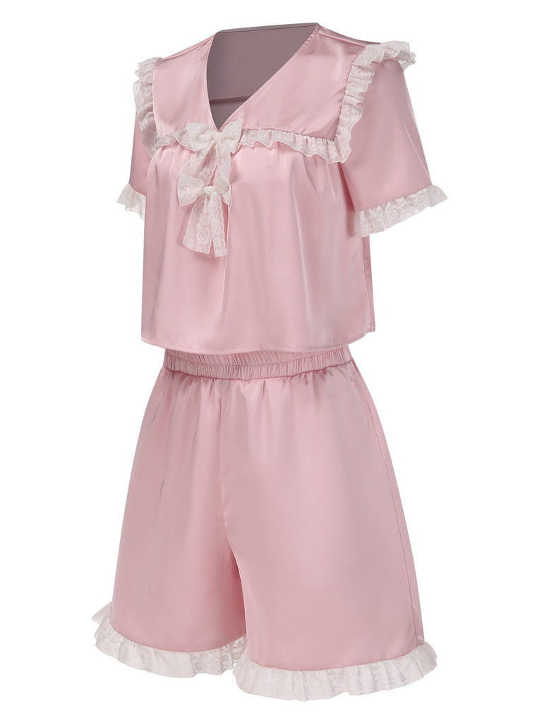 [Vorverkauf] Rosa 1950er Doll Collar Spitze Bogen Pyjama