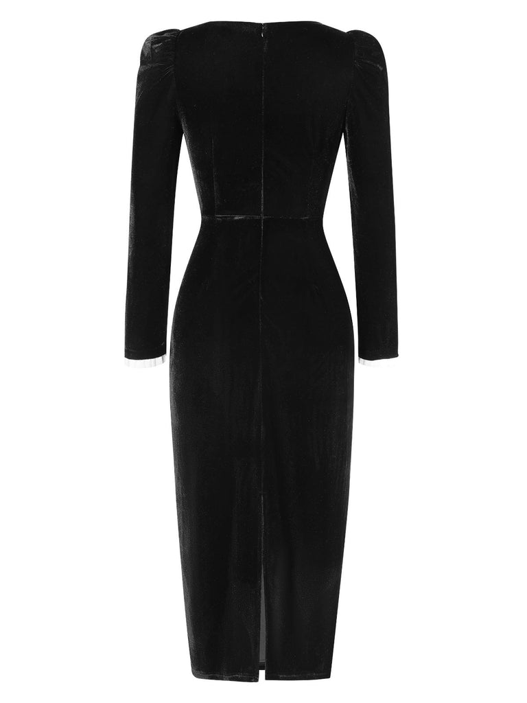 Schwarz 1960er Solide Quadratischer Hals Samt Kleid