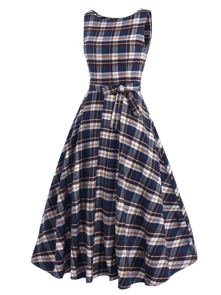 1950er Ärmellos Plaid Gürtel Swing Kleid