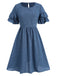 Blau 1940er Lagen Rüschenärmel A-Linie Kleid