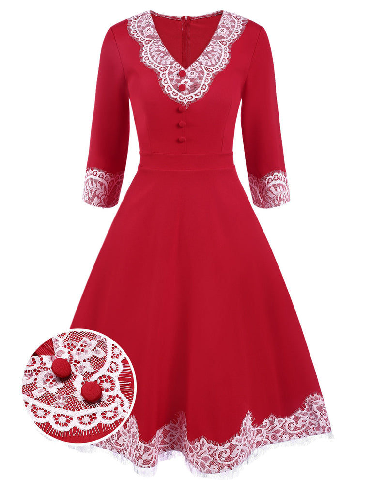 [Vorverkauf] Rot 1950er Spitze Knöpfen Patchwork Kleid