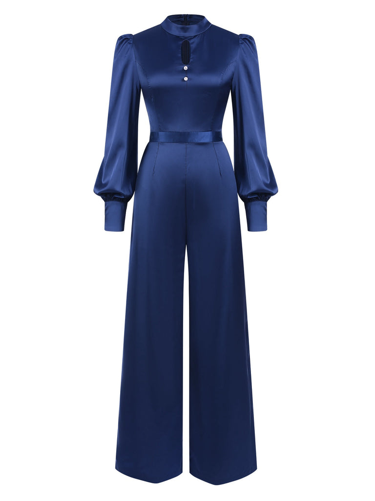 [Vorverkauf] Blau 1930er Satin Bischofsärmel Jumpsuit