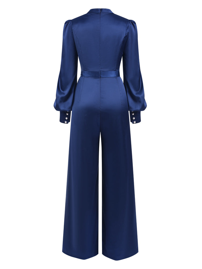 [Vorverkauf] Blau 1930er Satin Bischofsärmel Jumpsuit