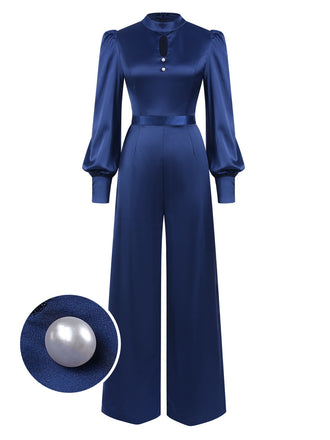 Blau 1930er Satin Bischofsärmel Jumpsuit
