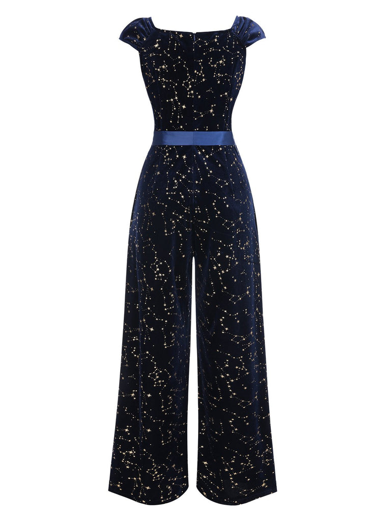 [Vorverkauf] Blau 1930er Sterne Samt Gürtel Jumpsuit