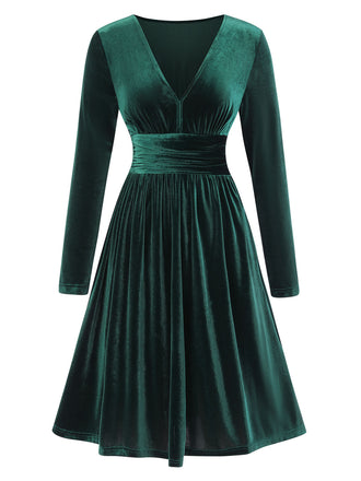 1940er Samtkleid V-Ausschnitt Solide A-linie Kleid