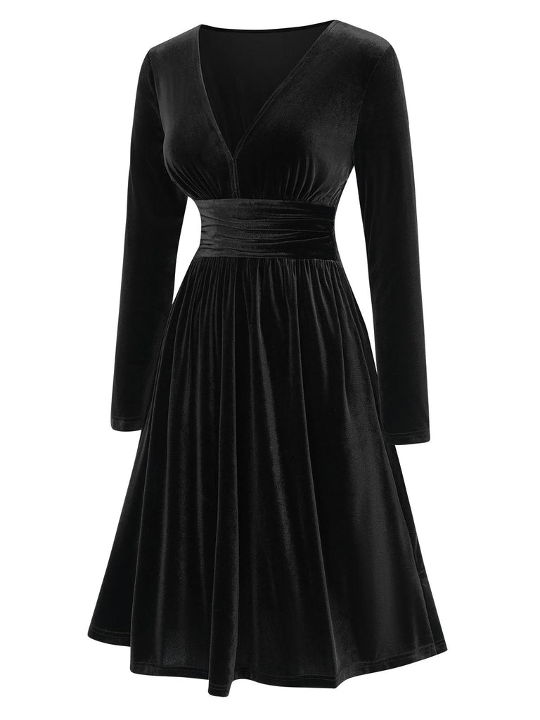 1940er V-Ausschnitt Solide A-linie Kleid