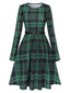 Grün 1940er Lange Ärmel Rundhals Tartan Kleid mit Gürtel