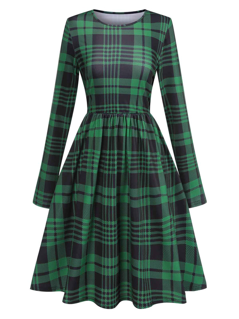 Grün 1940er Lange Ärmel Rundhals Tartan Kleid mit Gürtel