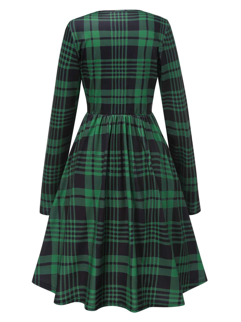 Grün 1940er Lange Ärmel Rundhals Tartan Kleid