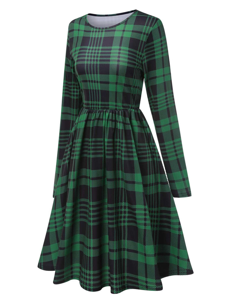 Grün 1940er Lange Ärmel Rundhals Tartan Kleid mit Gürtel