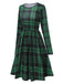 Grün 1940er Lange Ärmel Rundhals Tartan Kleid mit Gürtel