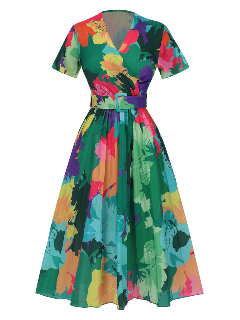 1940er Blumen V-Ausschnitt Gürtel Kleid