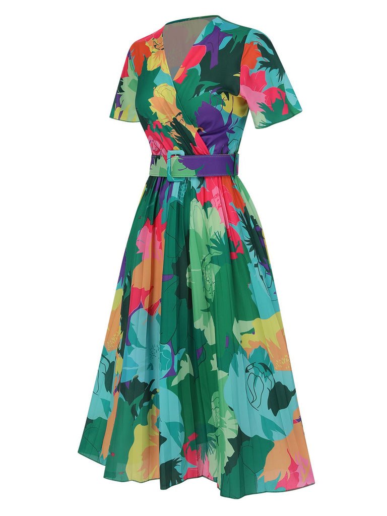 1940er Blumen V-Ausschnitt Gürtel Kleid