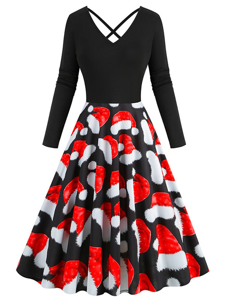 Rot 1950er Weihnachten Weihnachtsmütze Patchwork Kleid