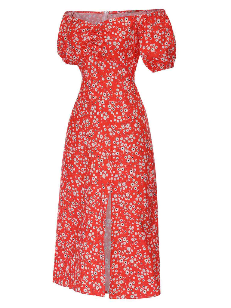 Rot 1960er Blumen Schulterfrei Seitlicher Schlitz Kleid