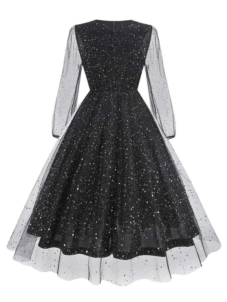 Schwarz 1950er Netz Pailletten V-Ausschnitt Kleid