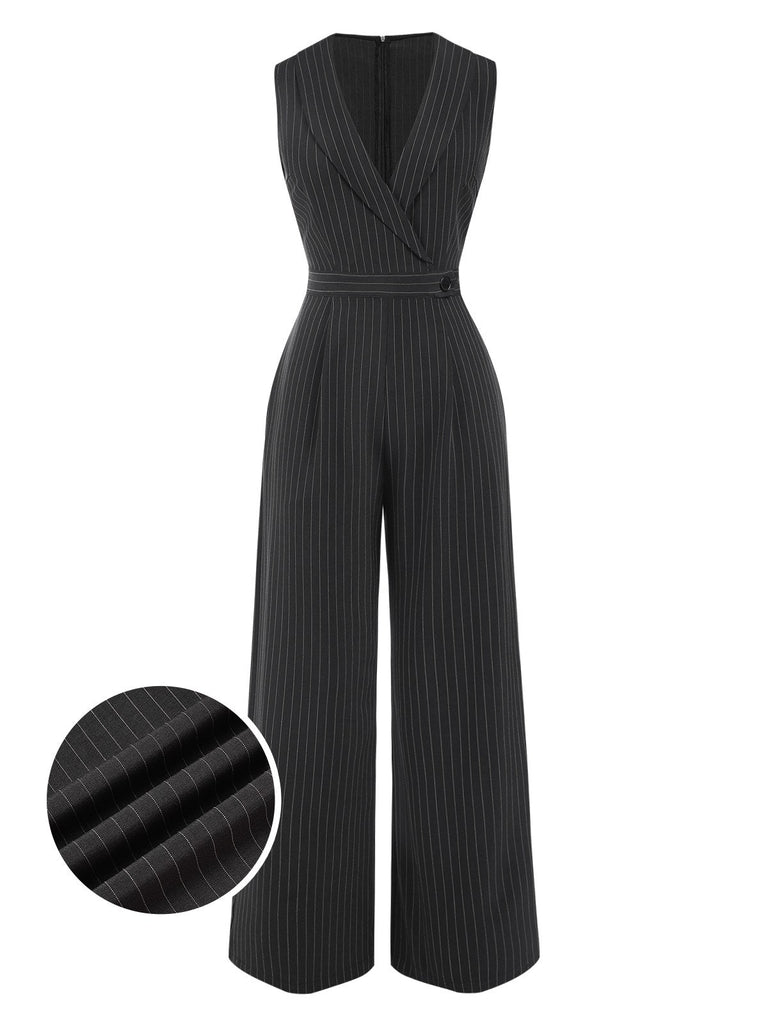 [Vorverkauf] Grau 1940er Streifen Ärmellos Revers Jumpsuit