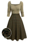 Beige 1950er Braun Plaid Quadratischer Hals Kleid