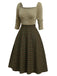 Beige 1950er Braun Plaid Quadratischer Hals Kleid