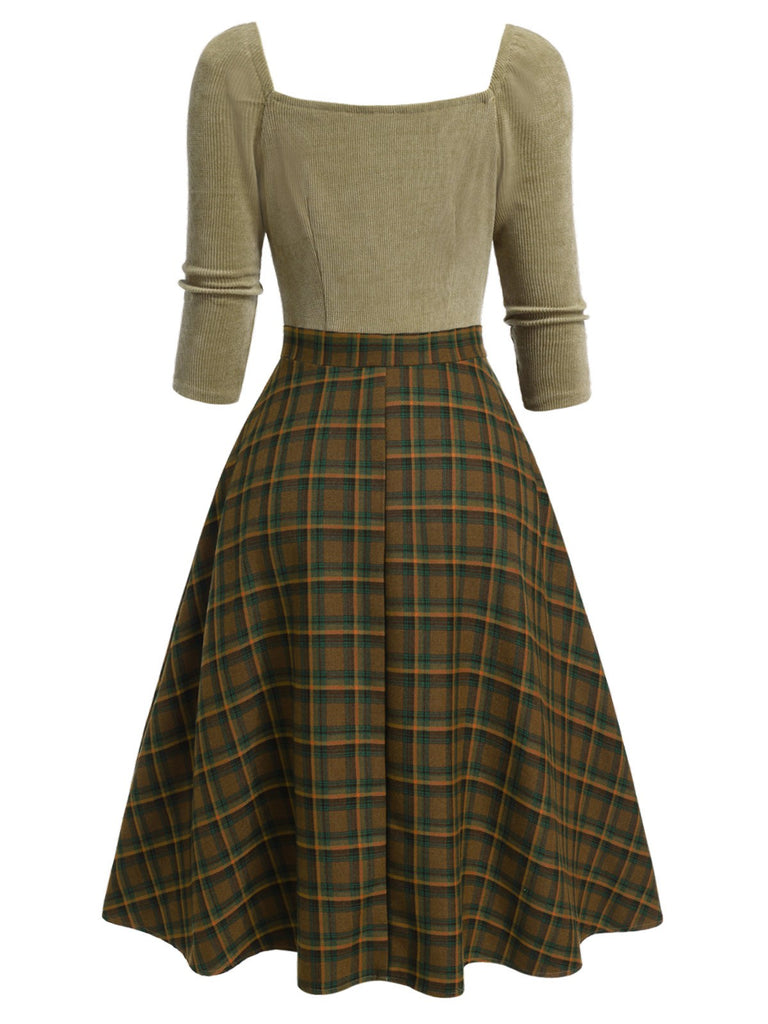 [Vorverkauf] Beige 1950er Braun Plaid Quadratischer Hals Kleid