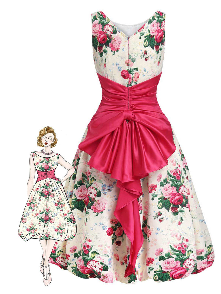 Multicolor 1950er Zurück-Bogen Antike Blumen Kleid