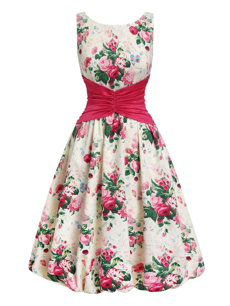 [Vorverkauf] Multicolor 1950er Zurück-Bogen Antike Blumen Kleid